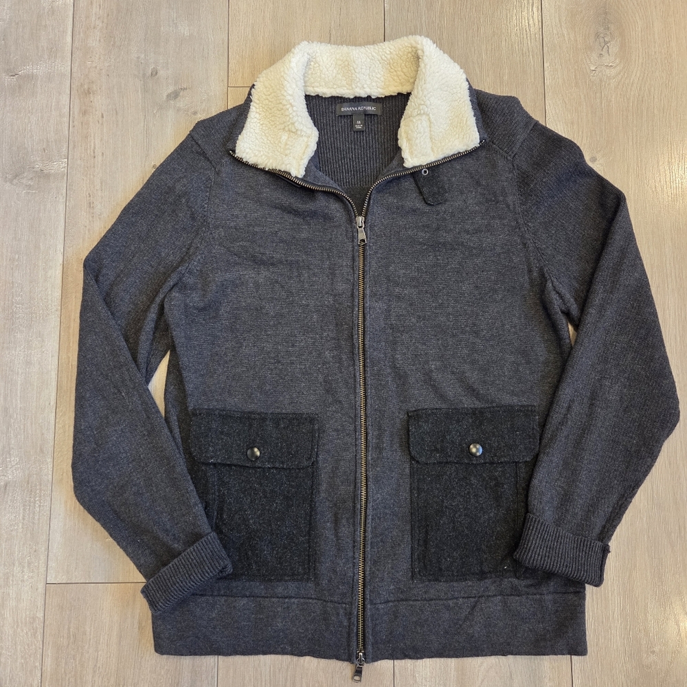 Banana Republic Heavy Full Zip Sweater Jacket Sherpa Cadet Charcoal Mens Size M